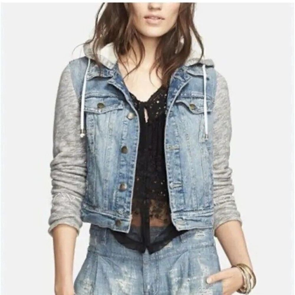 Free People Denim and Knit Hoodie Jacket Size Small - Picture 2 of 9
